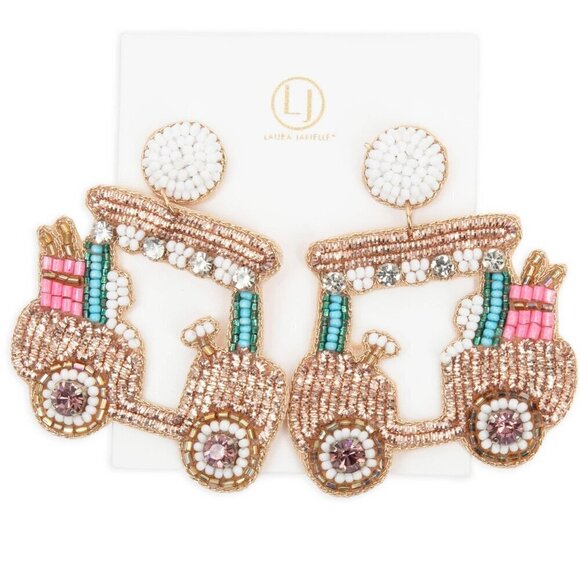 Gold Golf Cart Earrings - Picture 1 of 1